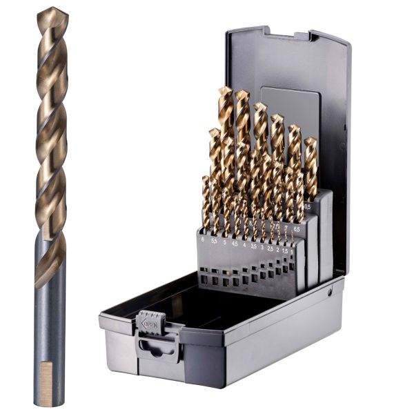 fortec® Premium Line Spiralbohrerkassette DIN 338 HSSE-Co5 Typ UNI, 135° / Ø 25-tlg. 1.0-13.0 x 0.5