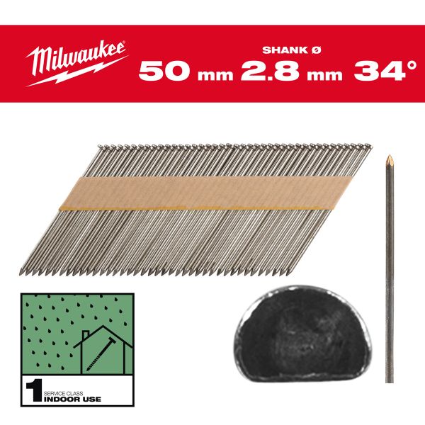 D-Kopf-Nägel für M18FFN 7,4 x 2,8 mm, Glattschaft Stahl blank, 34° / Milwaukee# 4932492595.0