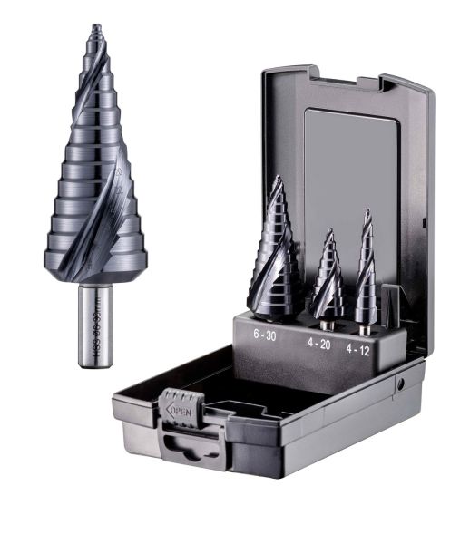fortec® Premium Line Stufenbohrer Sortiment, HSS-G-TiAlN Spiralnut mit Kreuzanschliff TiAlN-Stufensp